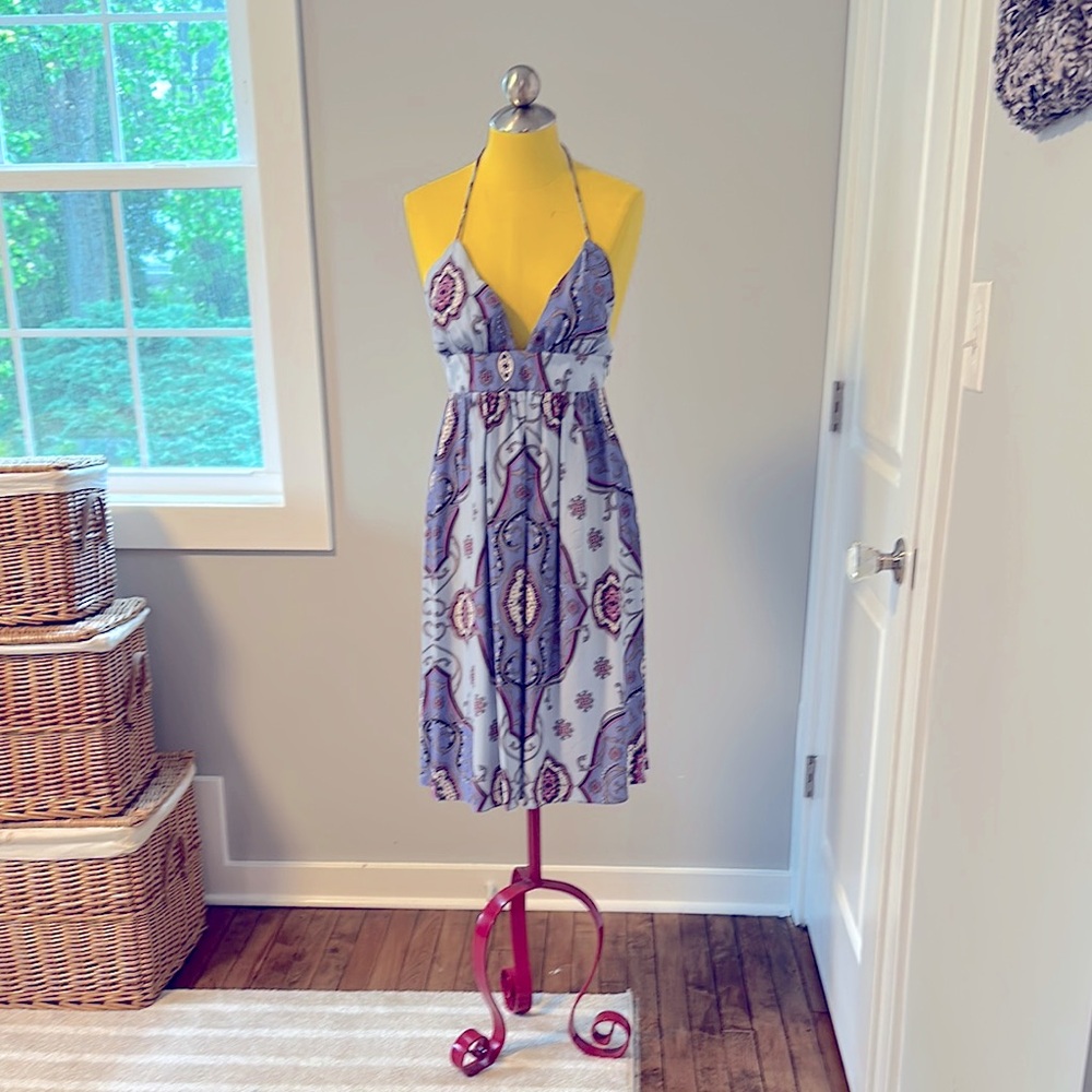 Alice & Trixie Halter Neck Silk Dress in Purple/Gray-taupe/Blue/White/Black